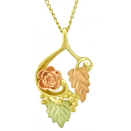 10K Black Hills Gold Pendant with Rose and Two Leaves