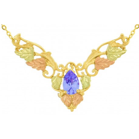 10K Black Hills Gold Leaves Necklace with Lavender Color CZ