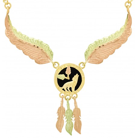 10K Black Hills Gold Wolf and Feather Necklace