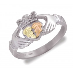 Black Hills Gold Sterling Silver Ladies Claddagh Ring w 12K Leaves