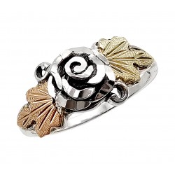 Black Hills Gold Sterling Silver Ladies Rose Ring with 10K Leaves
