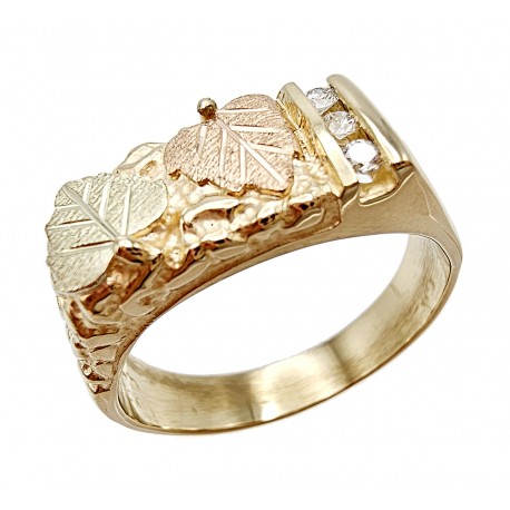10K Black Hills Gold Mens Ring with 3 Diamond