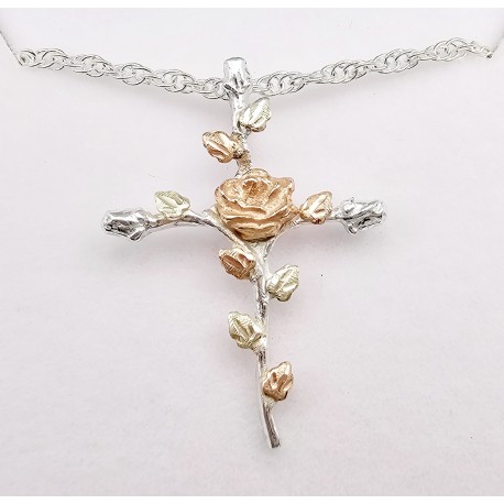 Black Hills Gold Sterling Silver Cross Pendant with Rose