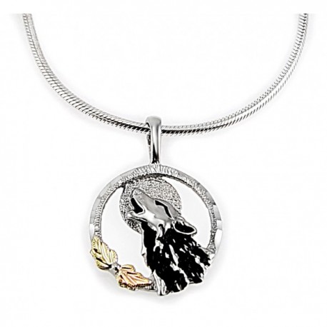 BLACK HILLS GOLD STERLING SILVER WOLF PENDANT NECKLACE