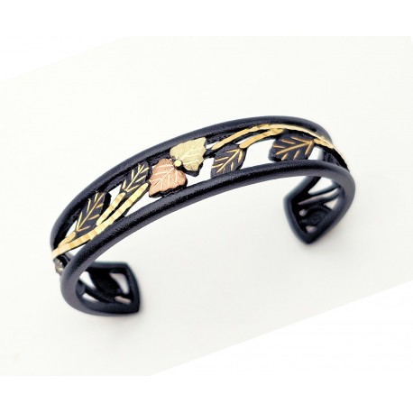 Black Hills Gold on Black Powder Coated Cuff Bracelet w Leaves