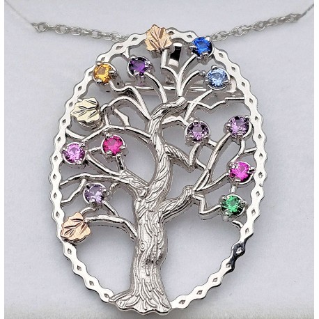 Black Hills Gold Sterling Silver Family Tree Pendant / Brooch w 11 Synthetic Stone