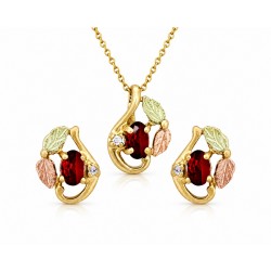 10K Black Hills Gold Small Pendant & Earrings Set w Diamond & Genuine Garnet
