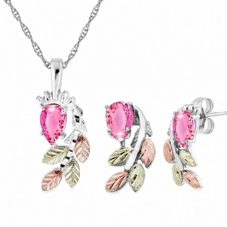 Black Hills Gold Sterling Silver w/ Pink CZ Pendant & Earrings Set