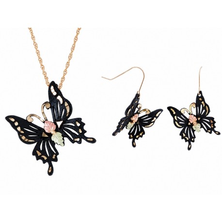 Black Hills Gold Black Powder Coated Butterfly Pendant & Earrings Set