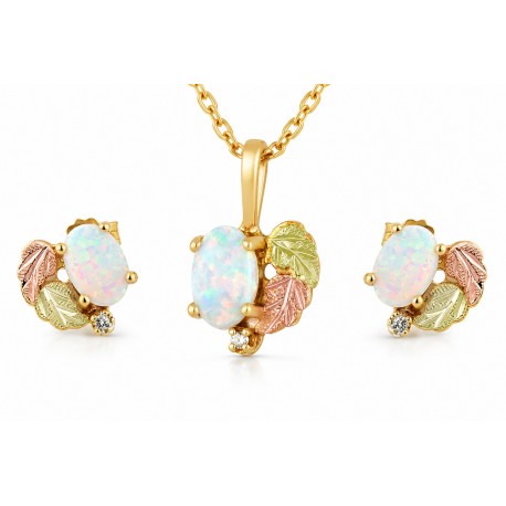 Landstrom's 10K Black Hills Gold Opal and Diamond Pendant & Earrings Set