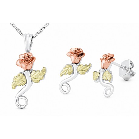 Black Hills Gold on Sterling Silver Rose Pendant & Earrings Set