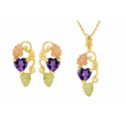 10K Black Hills Gold Small Pendant & Earrings Set with Heart Shape Amethyst CZ