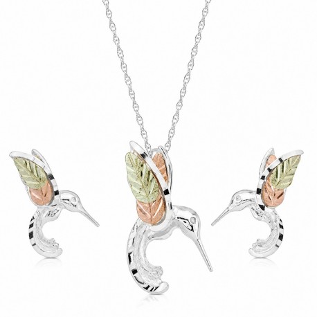 Black Hills Gold on Sterling Silver Hummingbird Pendant & Earrings Set