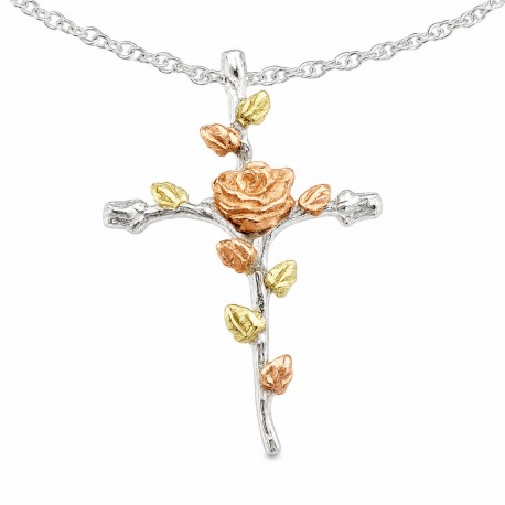 Black Hills Gold Sterling Silver Cross Pendant with Rose