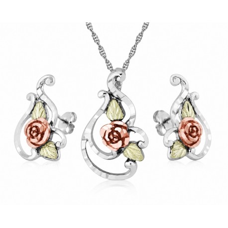 Landstrom's Black Hills Gold on Sterling Silver Flower Pendant & Earrings Set