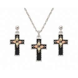 Black Hills Gold on Sterling Silver Antiqued Cross Pendant & Earrings Set