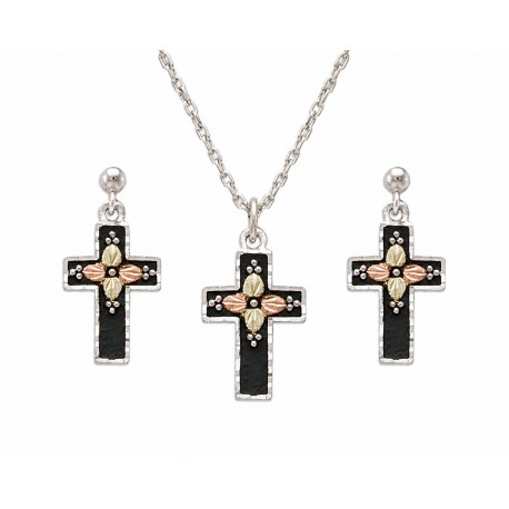 Black Hills Gold on Sterling Silver Antiqued Cross Pendant & Earrings Set