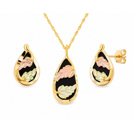 Mt Rushmore 10K Black Hills Gold Pear Shaped Onyx Pendant & Earrings Set
