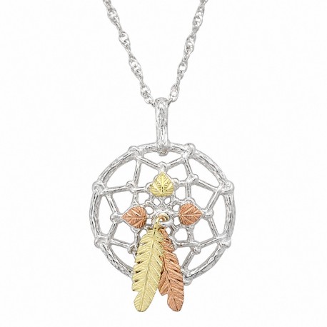 Black Hills Gold Sterling Silver Dream Catcher Feather Pendant Necklace
