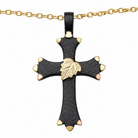 Black Hills Gold Black Powder Coated Cross Pendant w 10K Gold