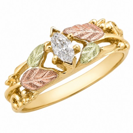 Attractive 10K Black Hills Gold Ladies Ring with Marquise Diamond