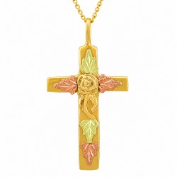 10K Black Hills Gold Cross Pendant with Rose and Leaves