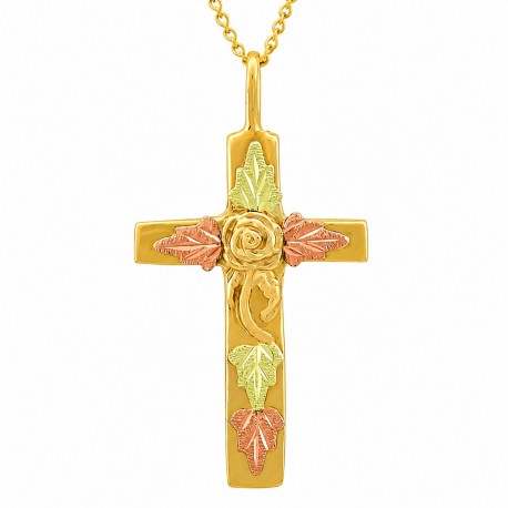 10K Black Hills Gold Cross Pendant with Rose and Leaves