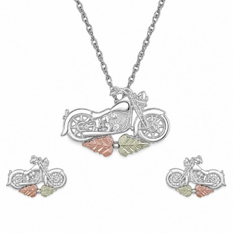 Black Hills Gold on Sterling Silver Mini Motorcycle Pendant & Earrings Set