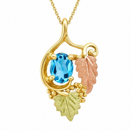 10K Black Hills Gold Two Leaves Pendant with Blue Topaz
