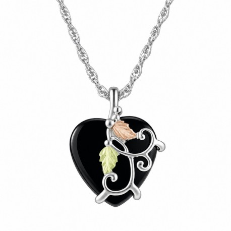 BLACK HILLS GOLD STERLING SILVER ONYX HEART PENDANT NECKLACE HEART