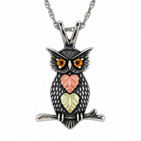 Black Hills Gold on Sterling Silver Oxidized Owl Pendant with Citrine