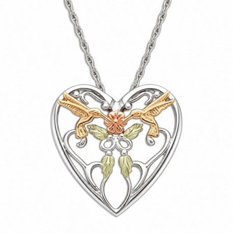 Black Hills Gold Sterling Silver Heart Pendant with 10k Hummingbirds 