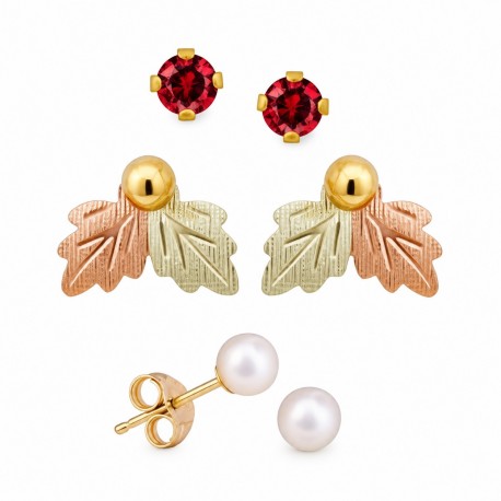 Mt. Rushmore Small 10K Yellow Gold Earrings Jacket Trio Set – Garnet, Pearl, 10K Stud