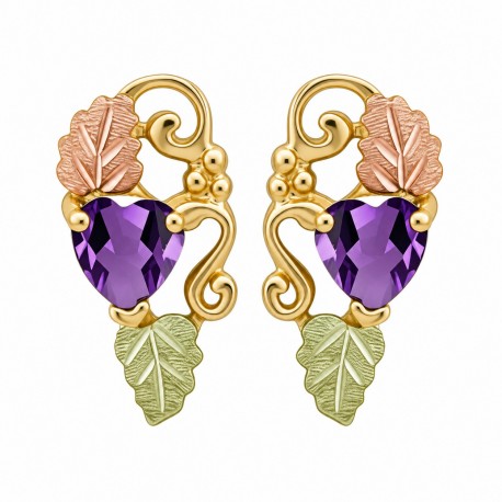 10K Black Hills Gold Earrings with Heart Amethyst Color CZ