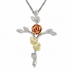Black Hills Gold on Sterling Silver Rose Cross Pendant Necklace by Mt Rushmore