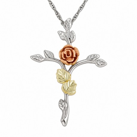 Black Hills Gold on Sterling Silver Rose Cross Pendant Necklace by Mt Rushmore