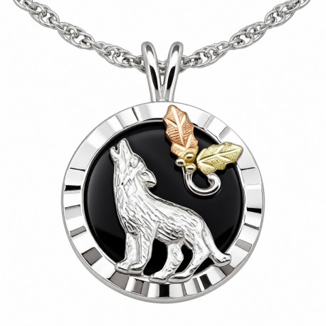 Black Hills Gold Sterling Silver Onyx Pendant with Wolf