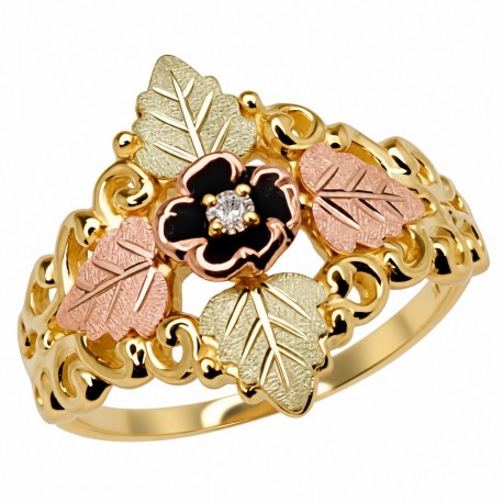 10K Black Hills Gold Antiqued Ladies Ring with Diamond