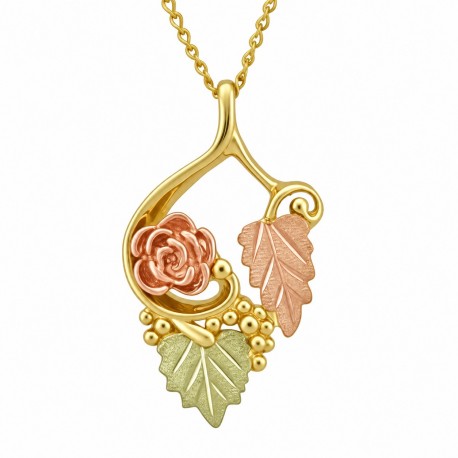 10K Black Hills Gold Pendant with Rose and Two Leaves