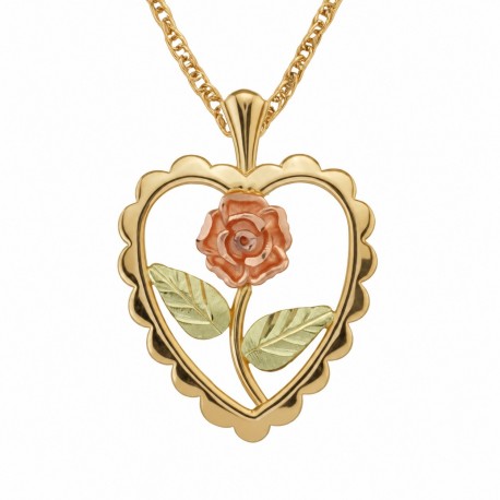 10K BLACK HILLS GOLD HEART AND FLOWER LADIES PENDANT NECKLACE
