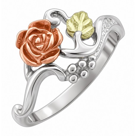 Black Hills Gold Sterling Silver Ladies Ring w Rose and Leaf