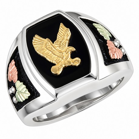 Black Hills Gold on Sterling Silver Onyx Mens Ring w/ 10K Gold Eagle