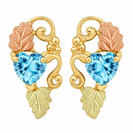10K Black Hills Gold Earrings with Heart Blue Topaz